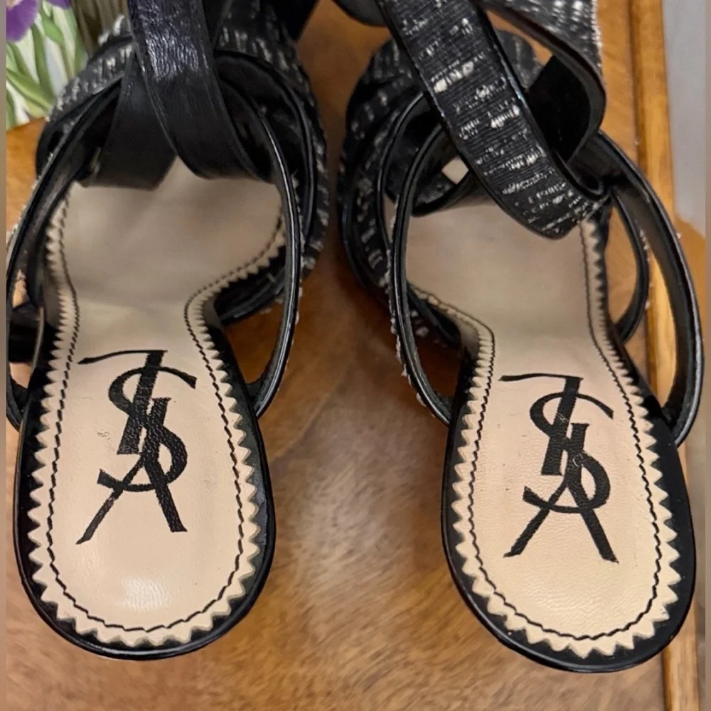 Saint Laurent Monochrome Buckle Ankle Wrap Wedge Heeled Sandals Size 37.5(7.5)